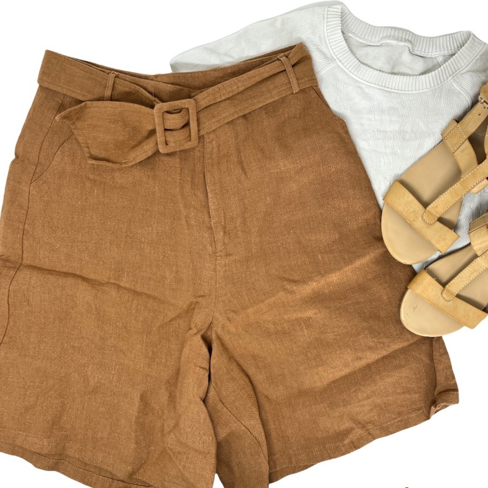 Tan wide Shorts Small tan Bermuda gaucho pants linen Mo : Vint